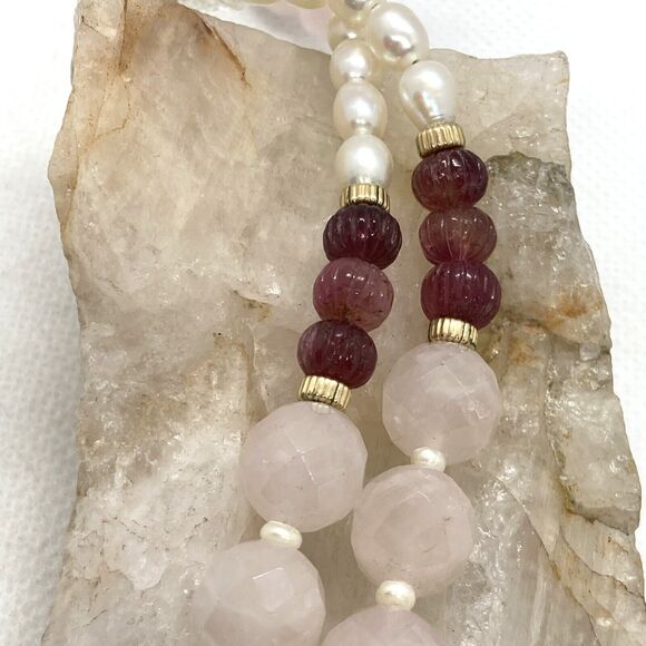 Vintage Rose Quartz Carved Mother of Pearl Tourmaline 18'' Necklace 14/20 GF 44g - Picture 7 of 9
